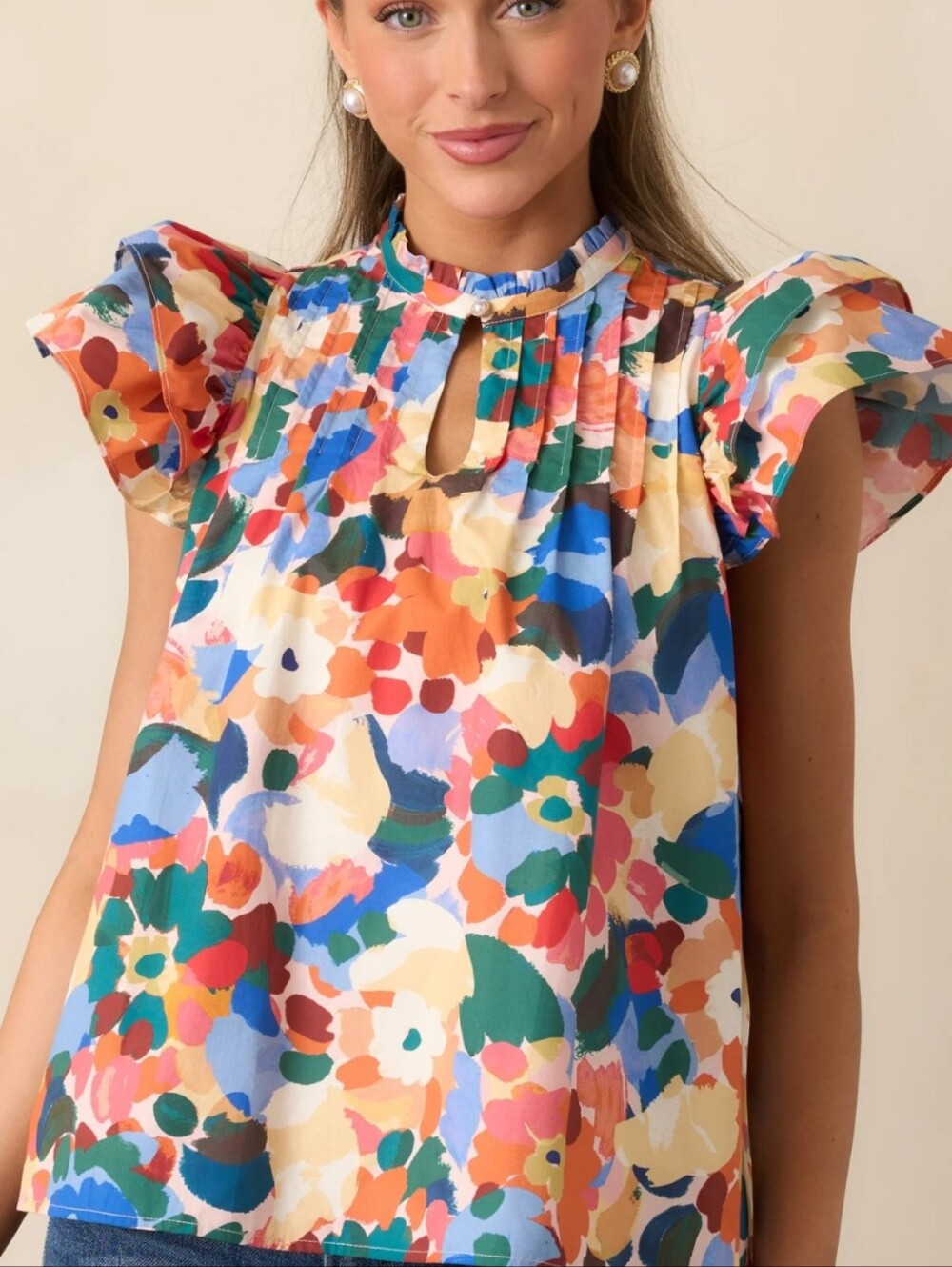 PROSPERINA Women's Multicolor Floral Ruffle Sleeve Top NWT SIZE MEDIUM